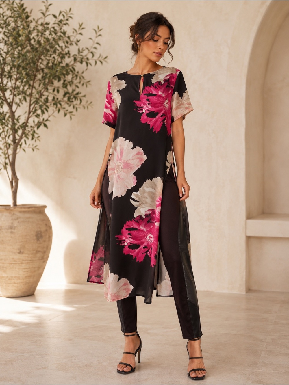 Calvin Klein Black Floral Long Tunic Camisole with Pink & Cream Blooms